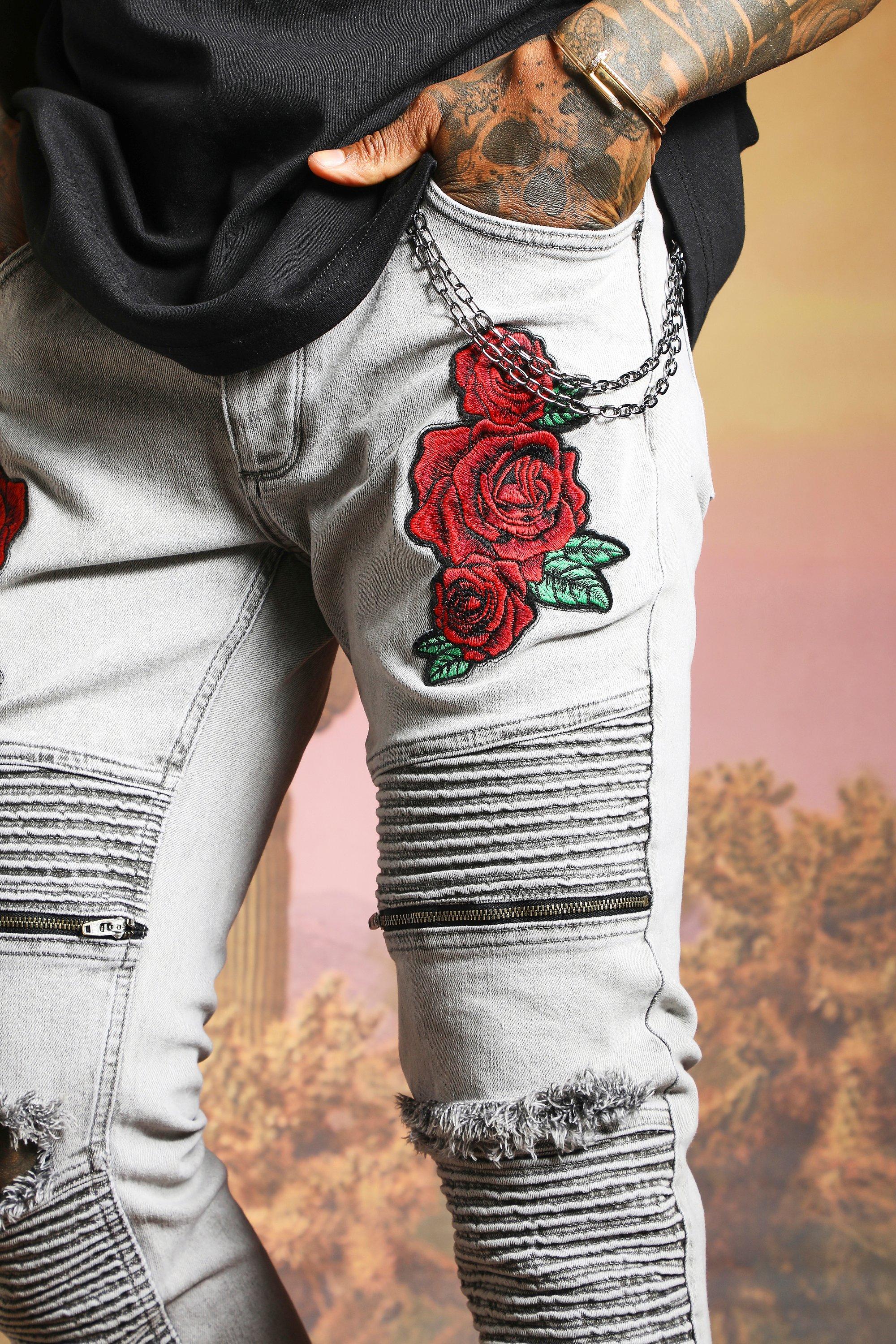 Biker jeans with store roses